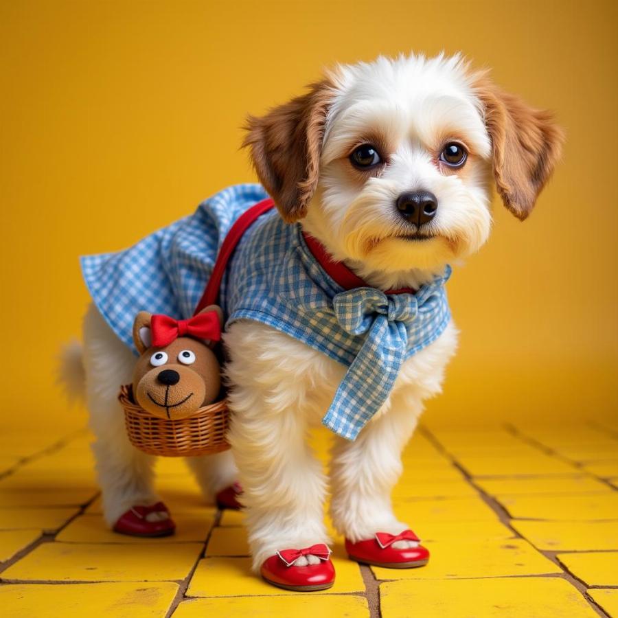 Dog Dressed in Dorothy Costume with Accessories