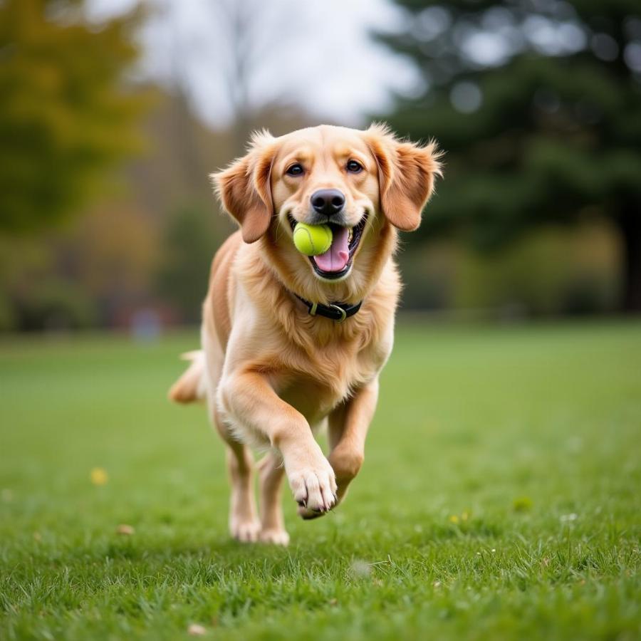 Golden Retriever playing fetch in the park