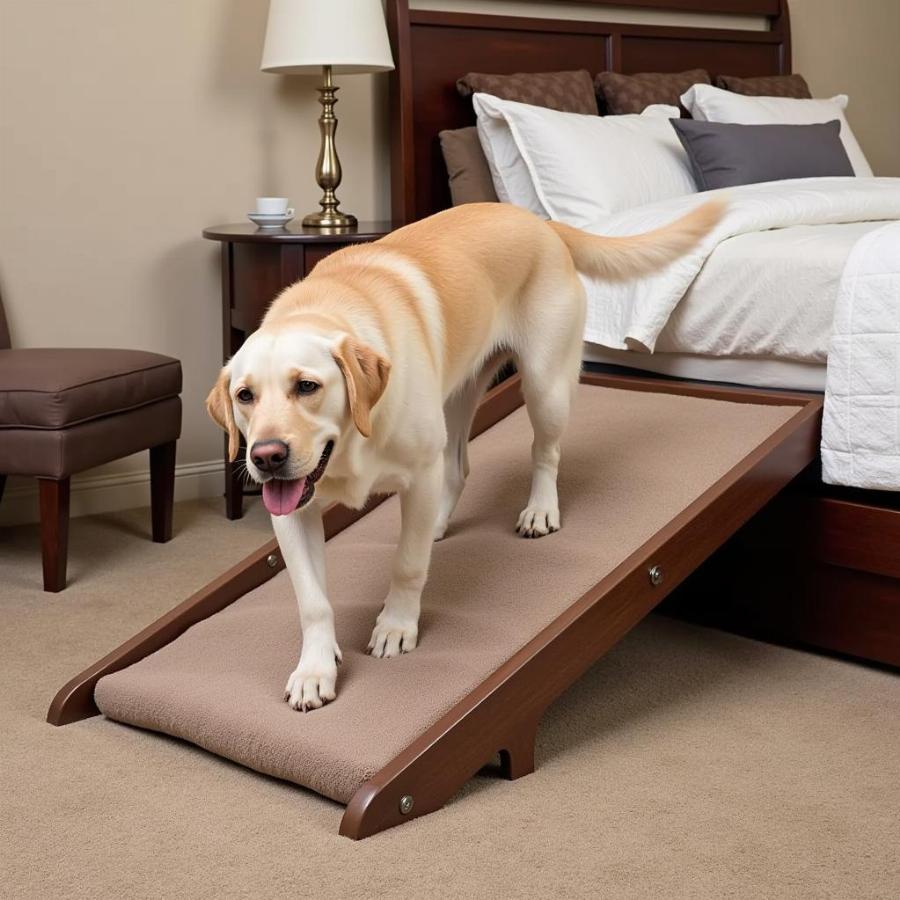 An Older Dog Easily Accessing an End of Bed Dog Bed with a Ramp