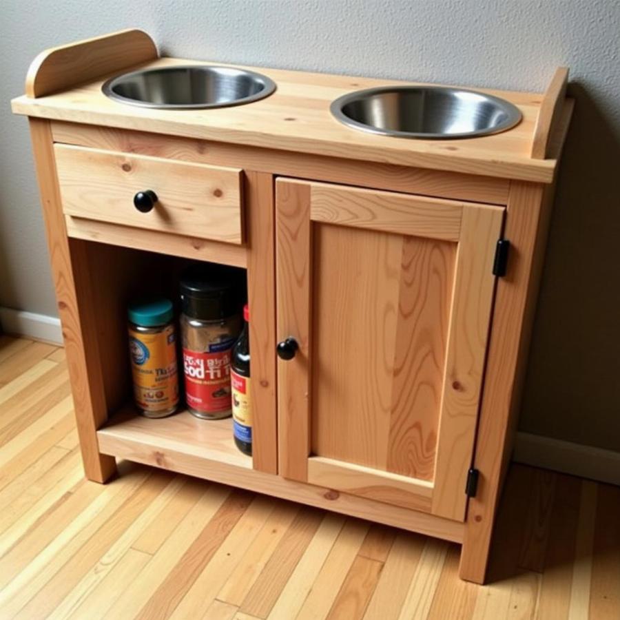 Elevated dog bowl stand with storage compartments