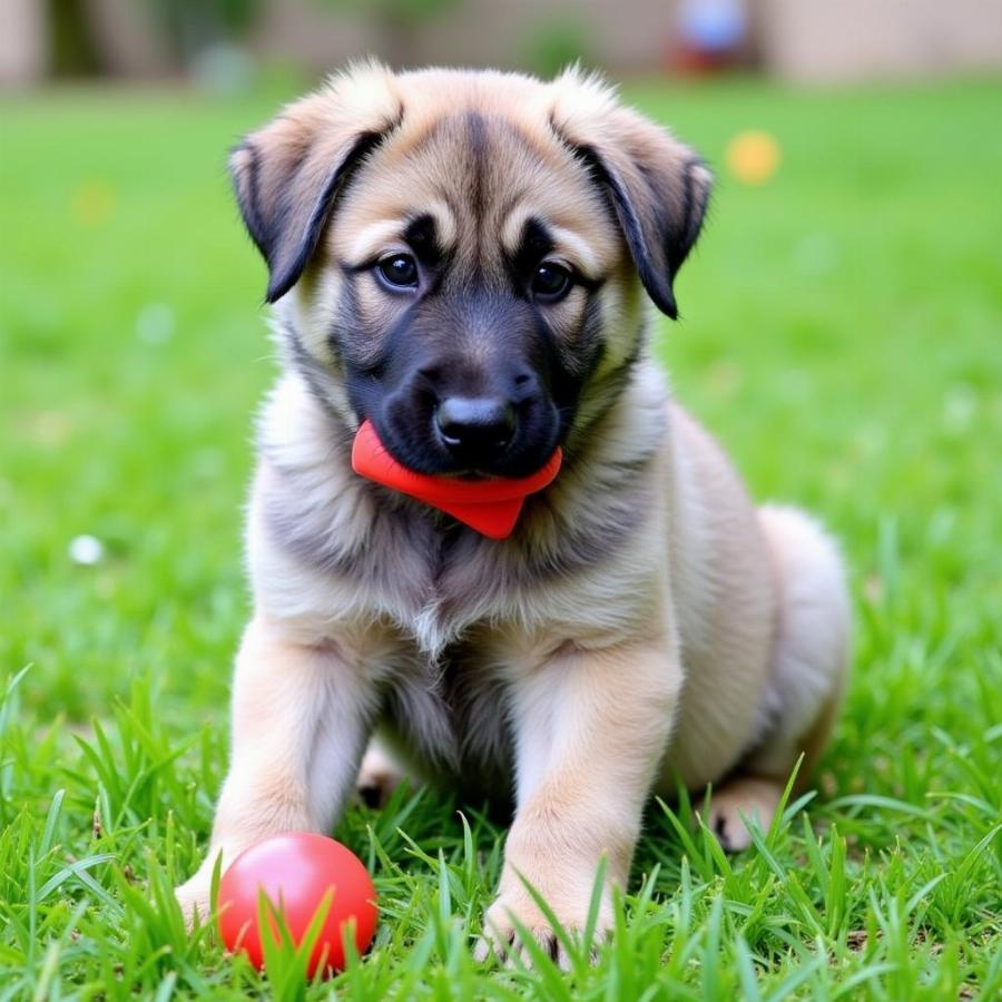 Elkhound Puppy with a Red Toy