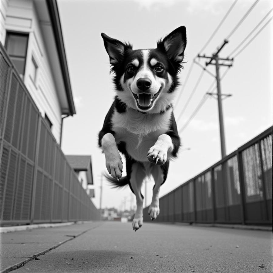 Black and white photograph of a dog leaping through the air