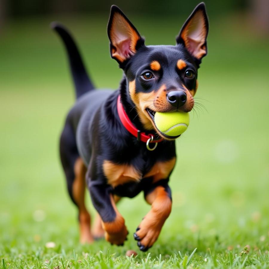 English Toy Terrier playing fetch in the park