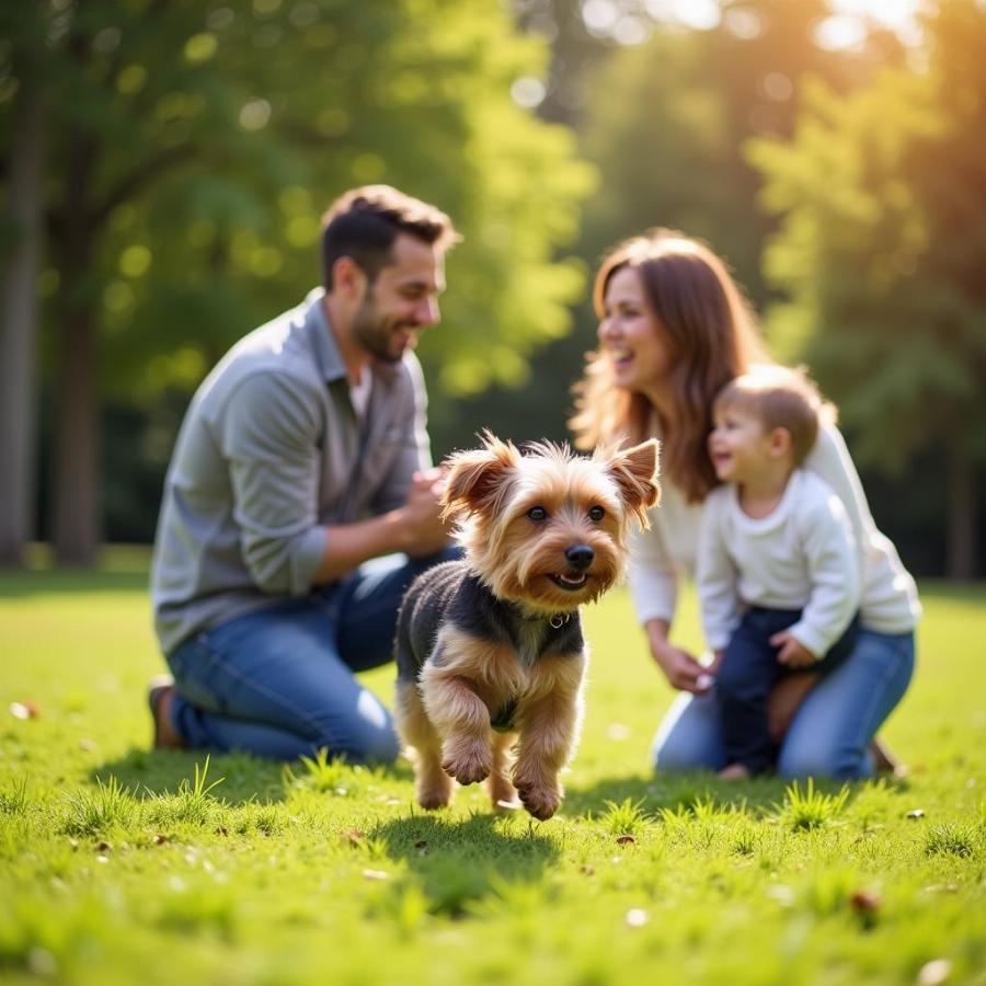 Happy family playing with their newly adopted Yorkie at a park