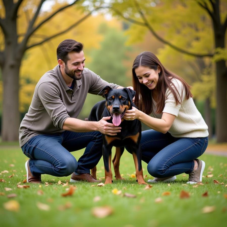 Family playing with a black and brown dog