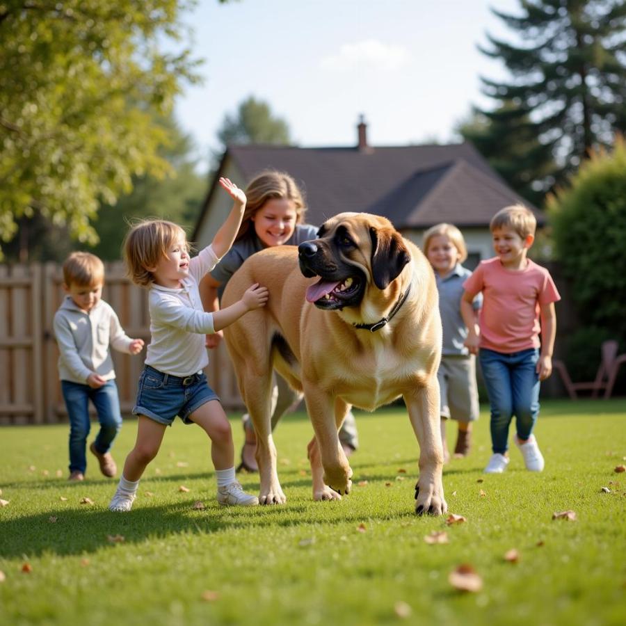 Family playing with their Mastiff in the yard