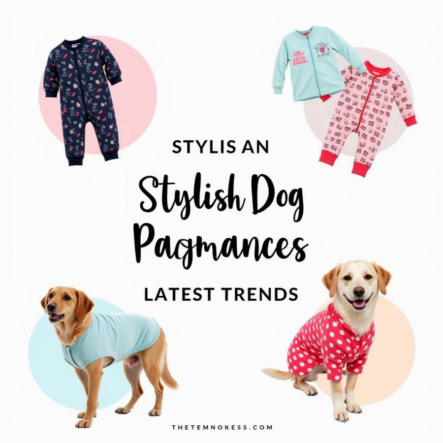 A collection of fashionable dog pajamas with various patterns and designs.