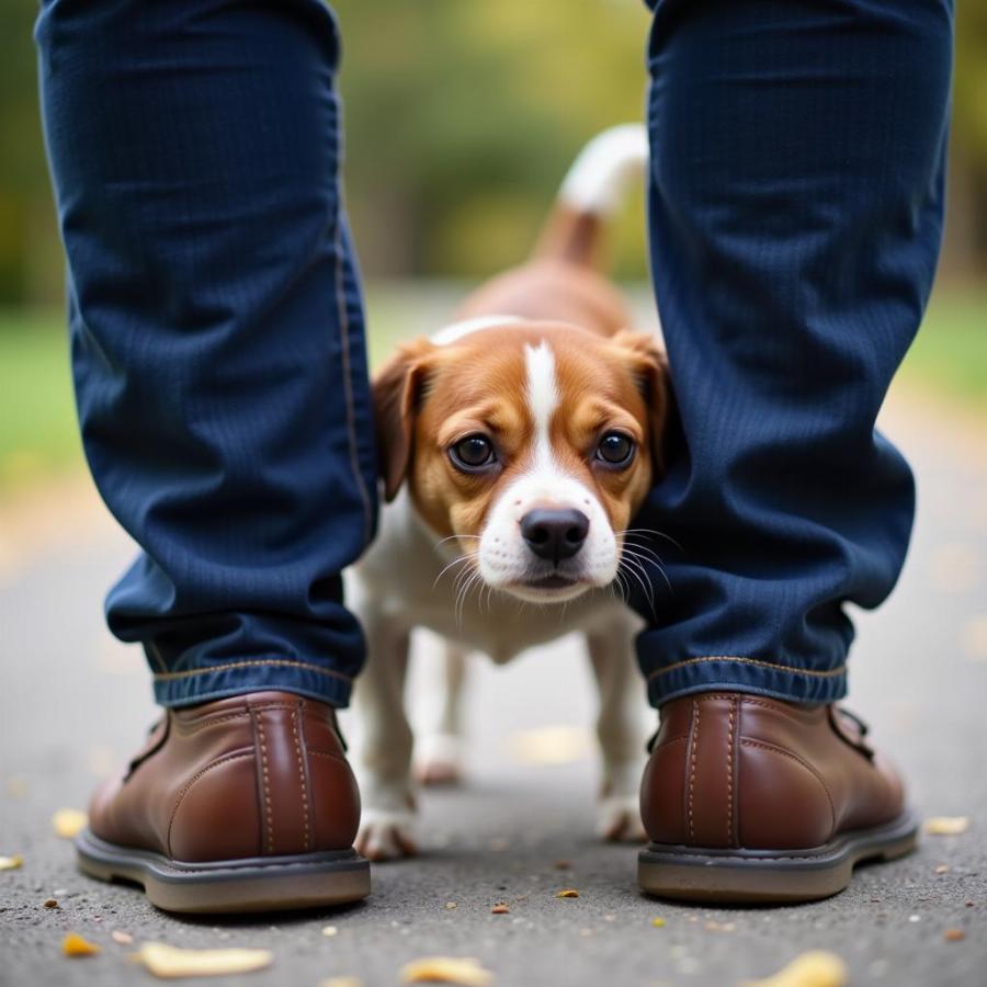 Dog Hiding Behind Owner