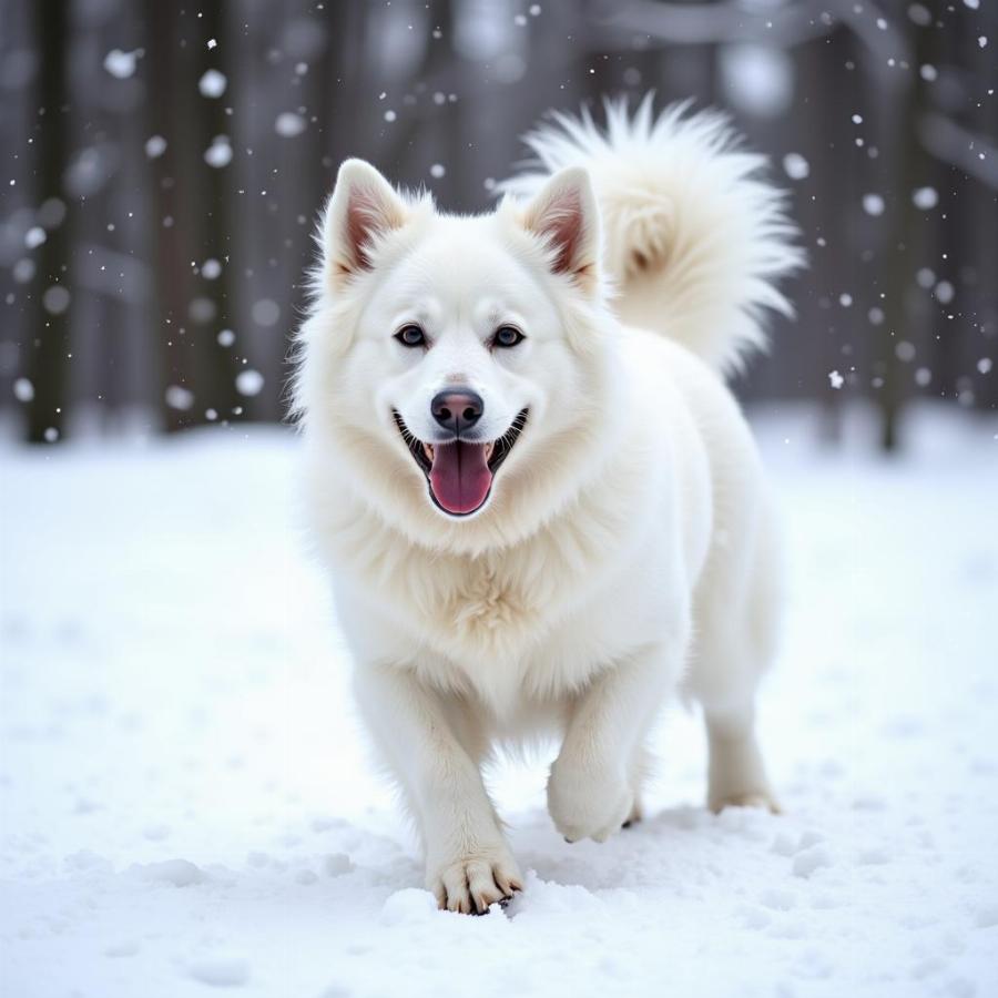 Female Pyrenees dog playing in the snow