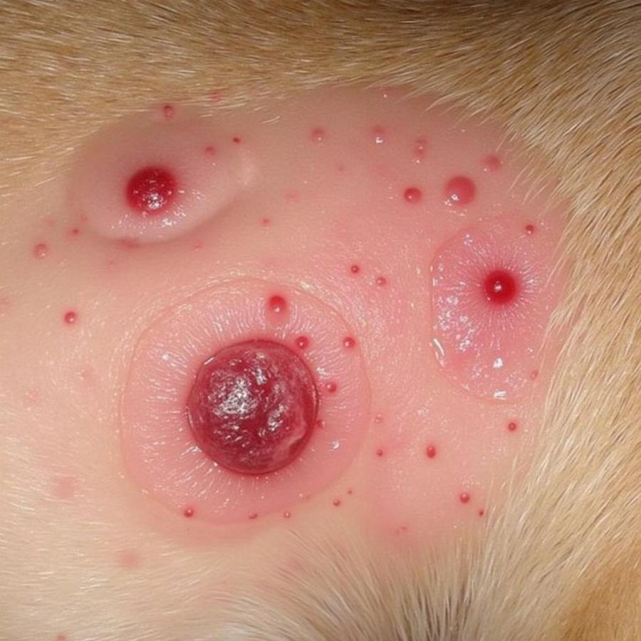 Close-up of skin lesions caused by flea allergy dermatitis