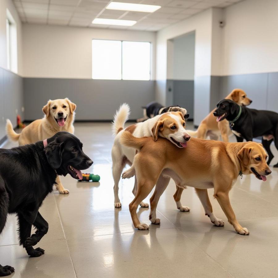 Dogs playing at a Fresno dog daycare