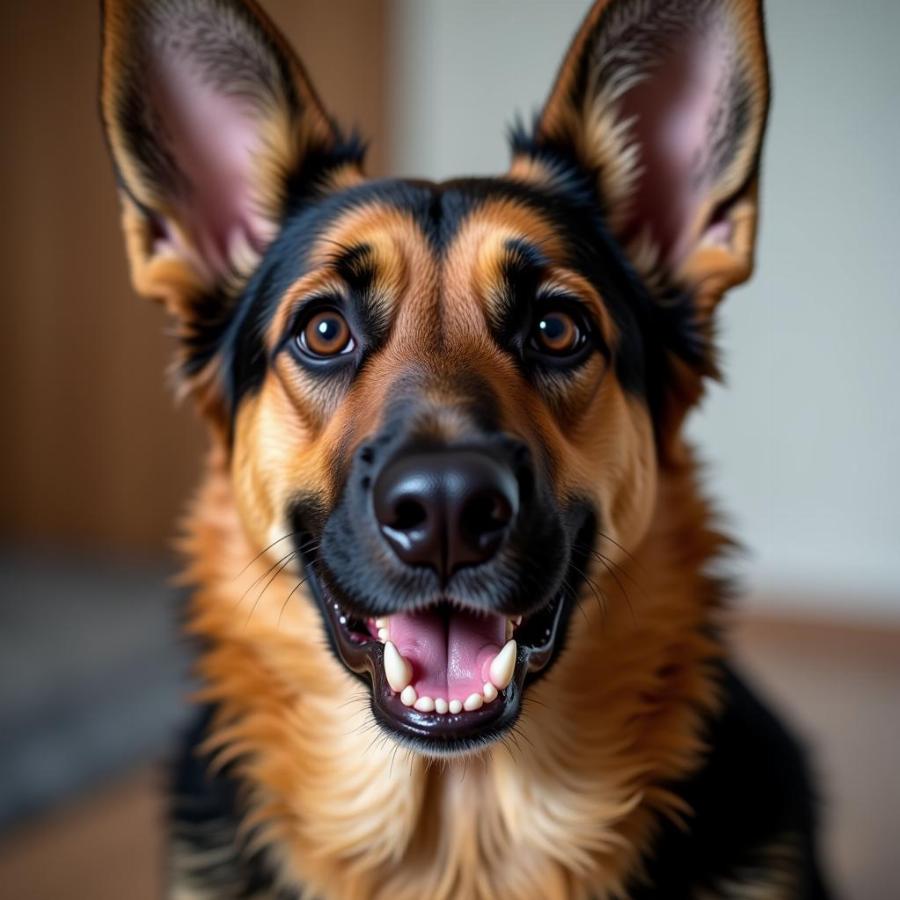 A German Shepherd Dog with a guilty expression