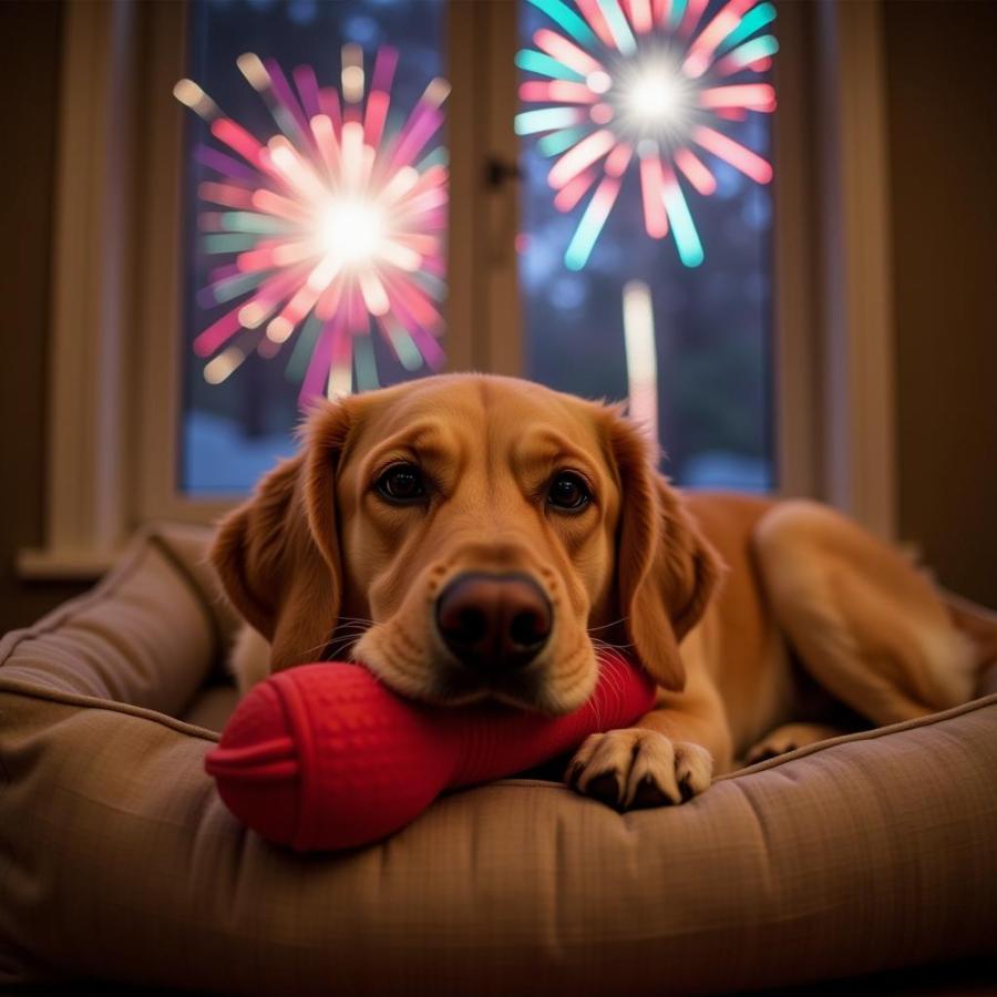 Golden Retriever Chewing Kong with Fireworks