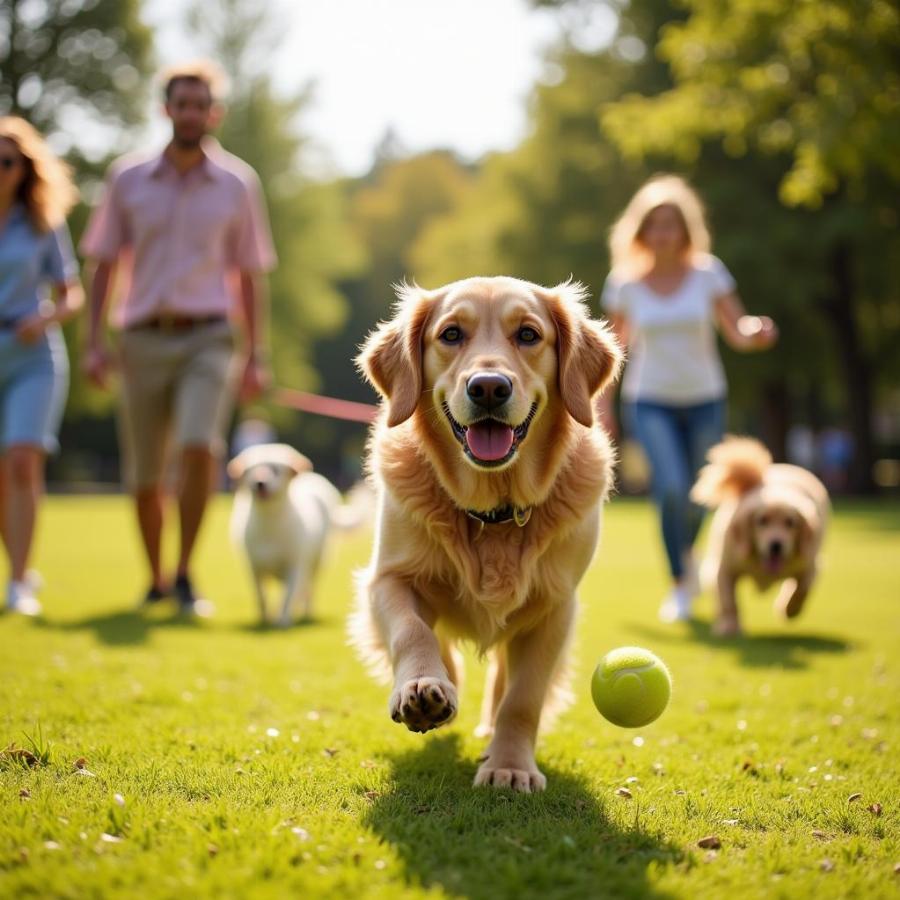 Golden Retriever Playing Fetch with Family in Park