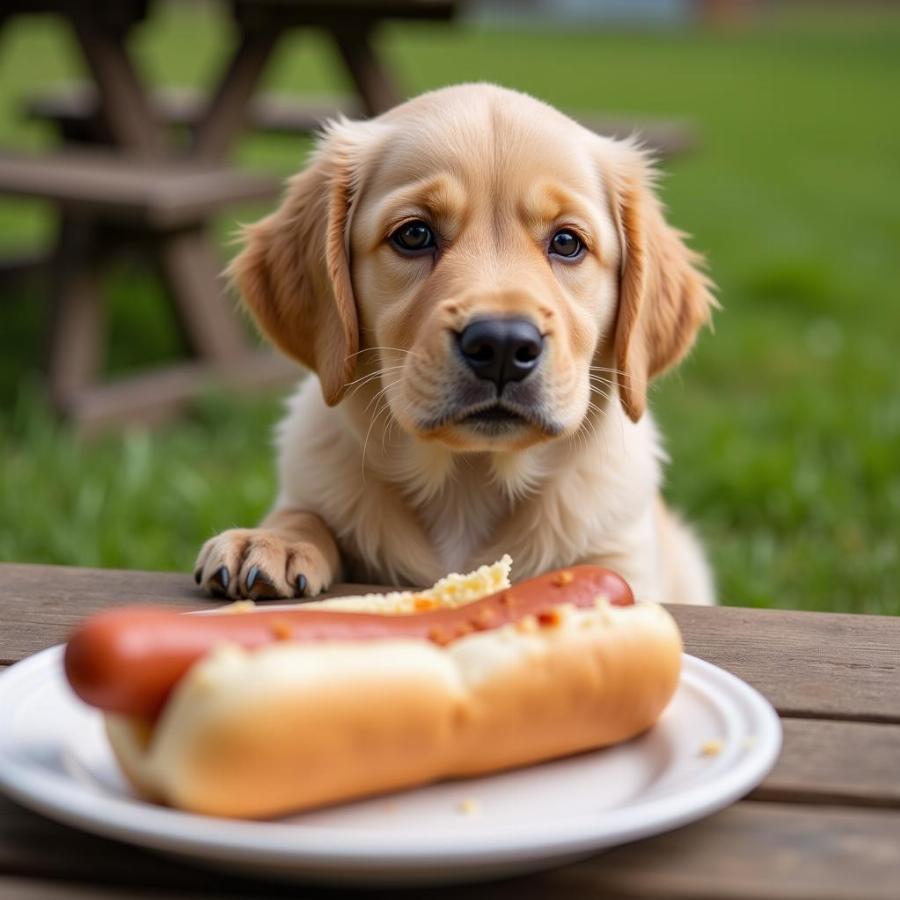 Golden Retriever Puppy Eyeing a Hot Dog