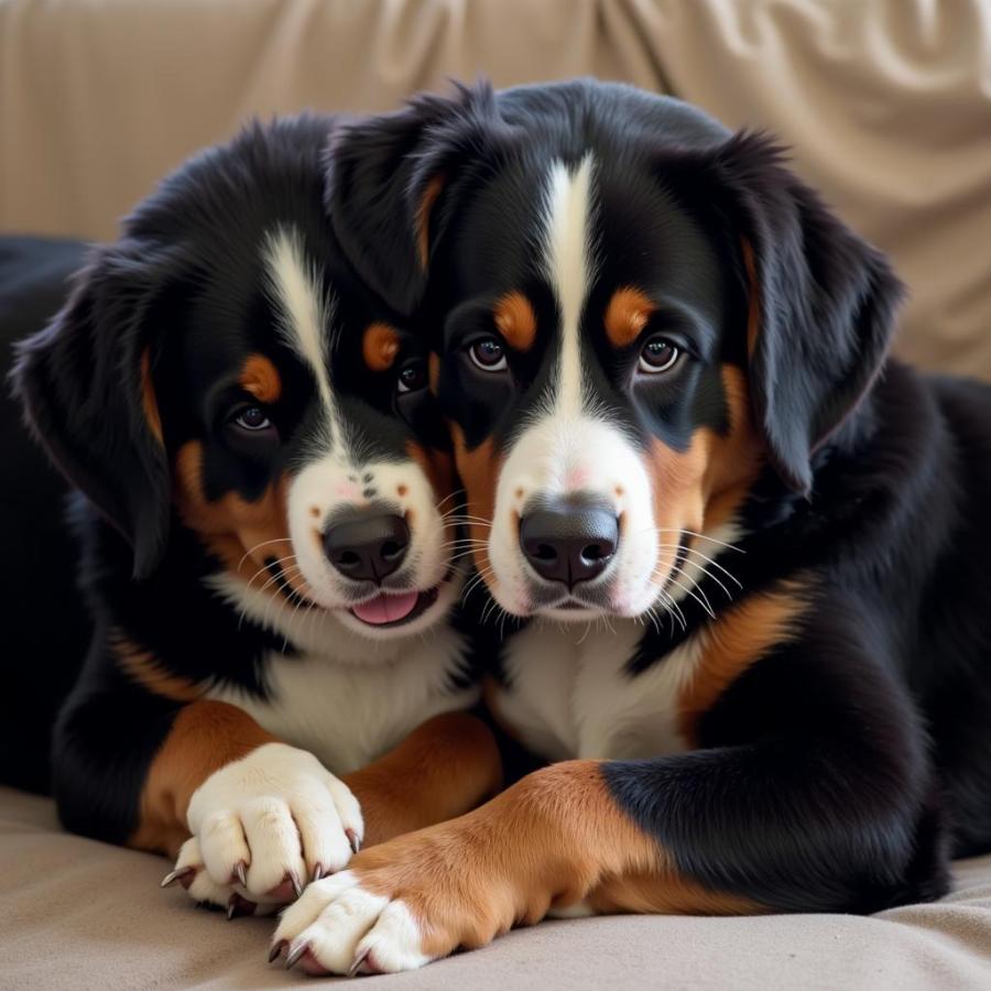 Greater Swiss Mountain Dog and Bernese Mountain Dog Cuddling