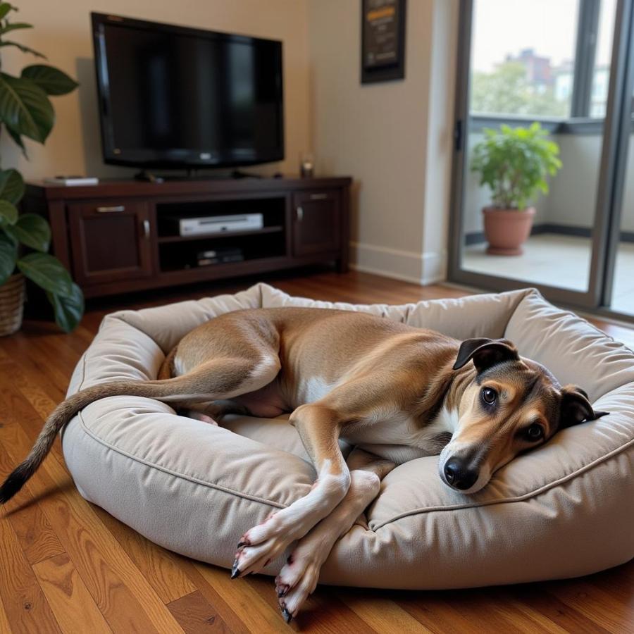 Greyhound relaxing on a dog bed in an apartment living room