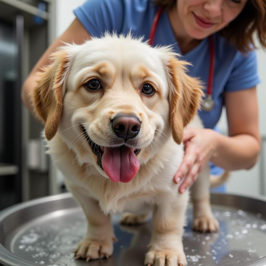 Groomer bathing a dog