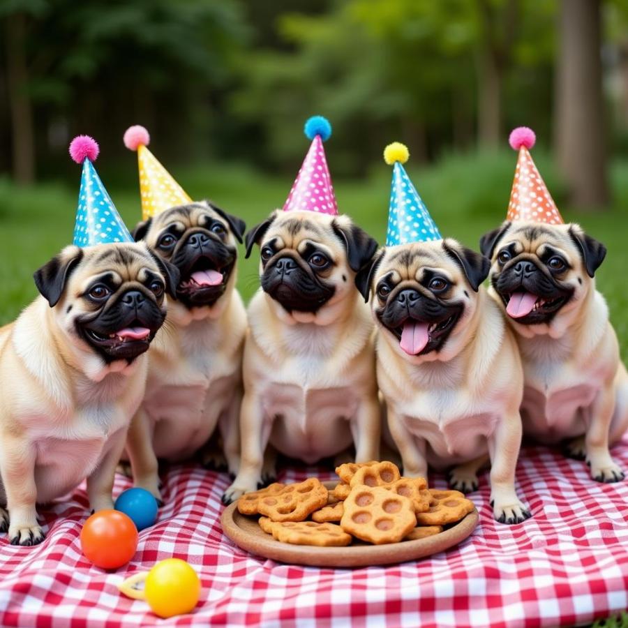 Group of Pugs at Birthday Party