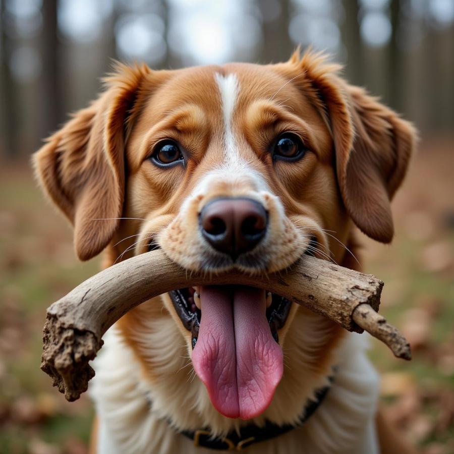 Dog Chewing a Bison Bone