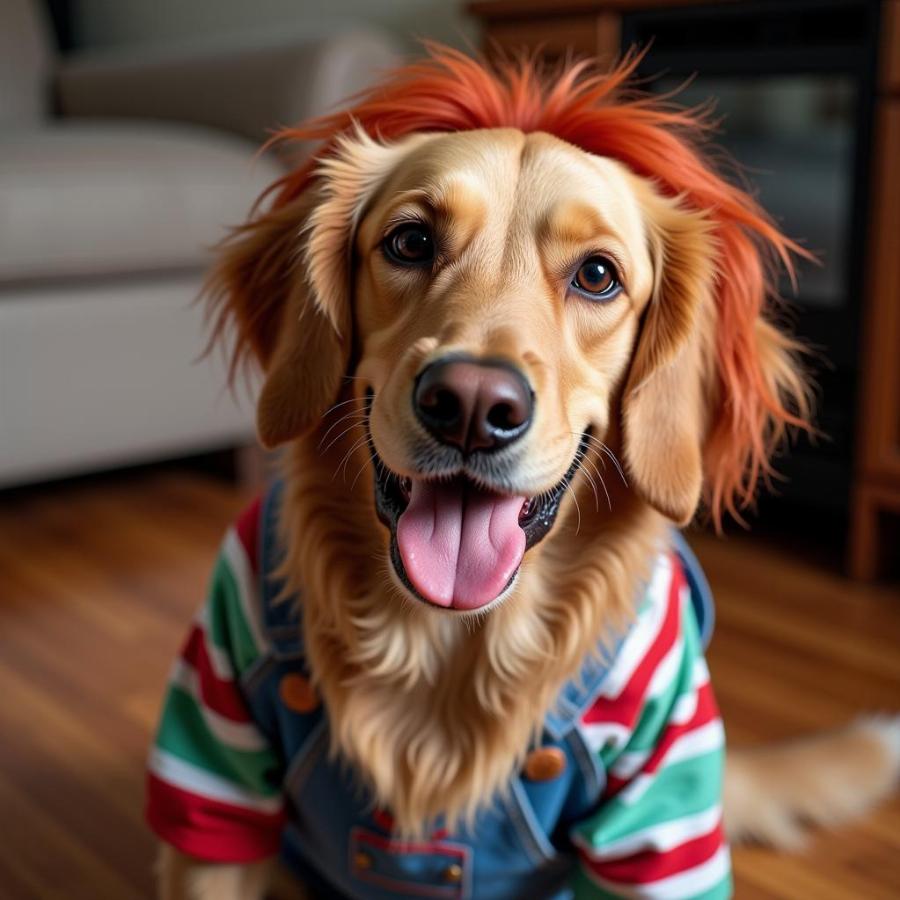 A Happy Dog Sporting a Chucky Costume