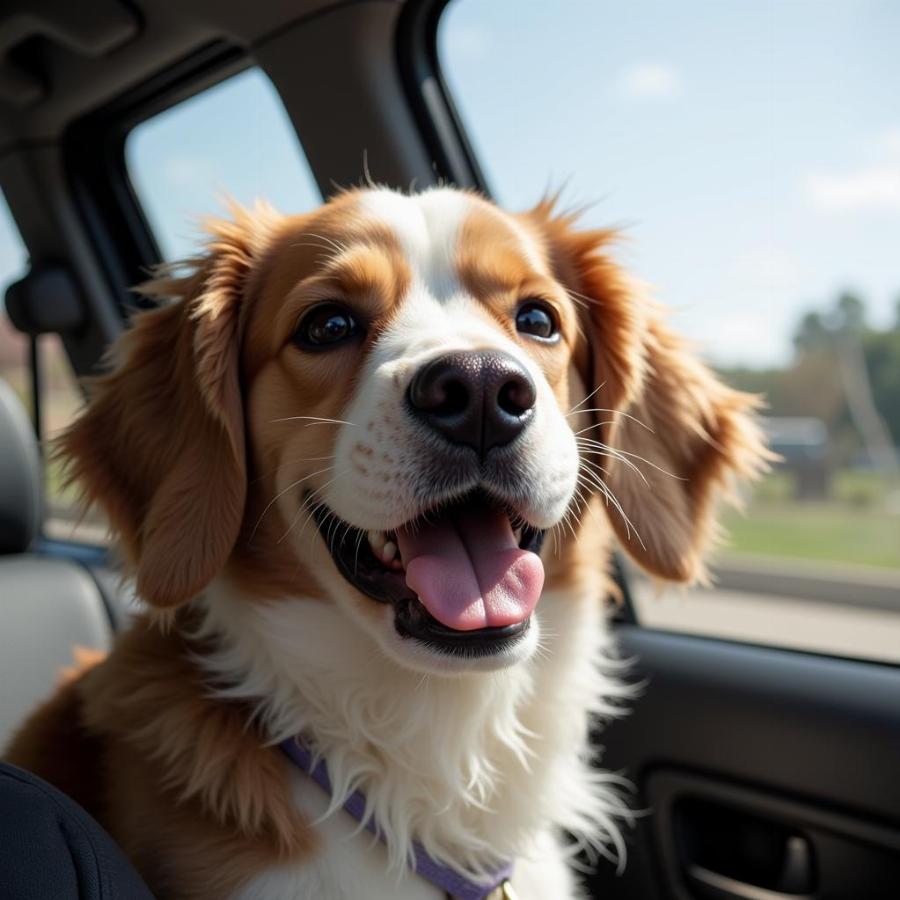 A happy dog enjoying a road trip in the car.