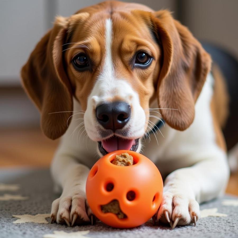 Dog Enjoying a Treat Found in a Snuffle Ball