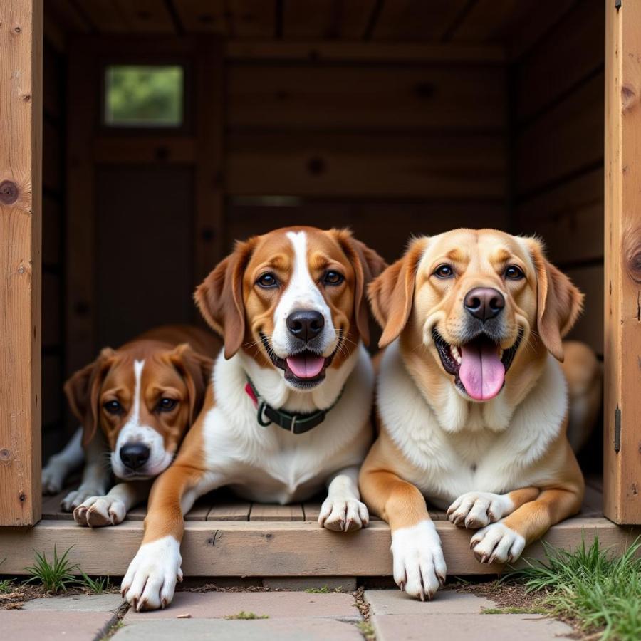 Content dogs relaxing in a well-maintained kennel