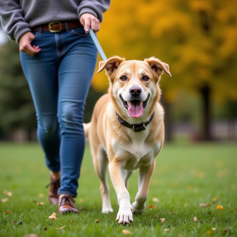 Happy, trained dog in Missoula enjoying a walk with its owner