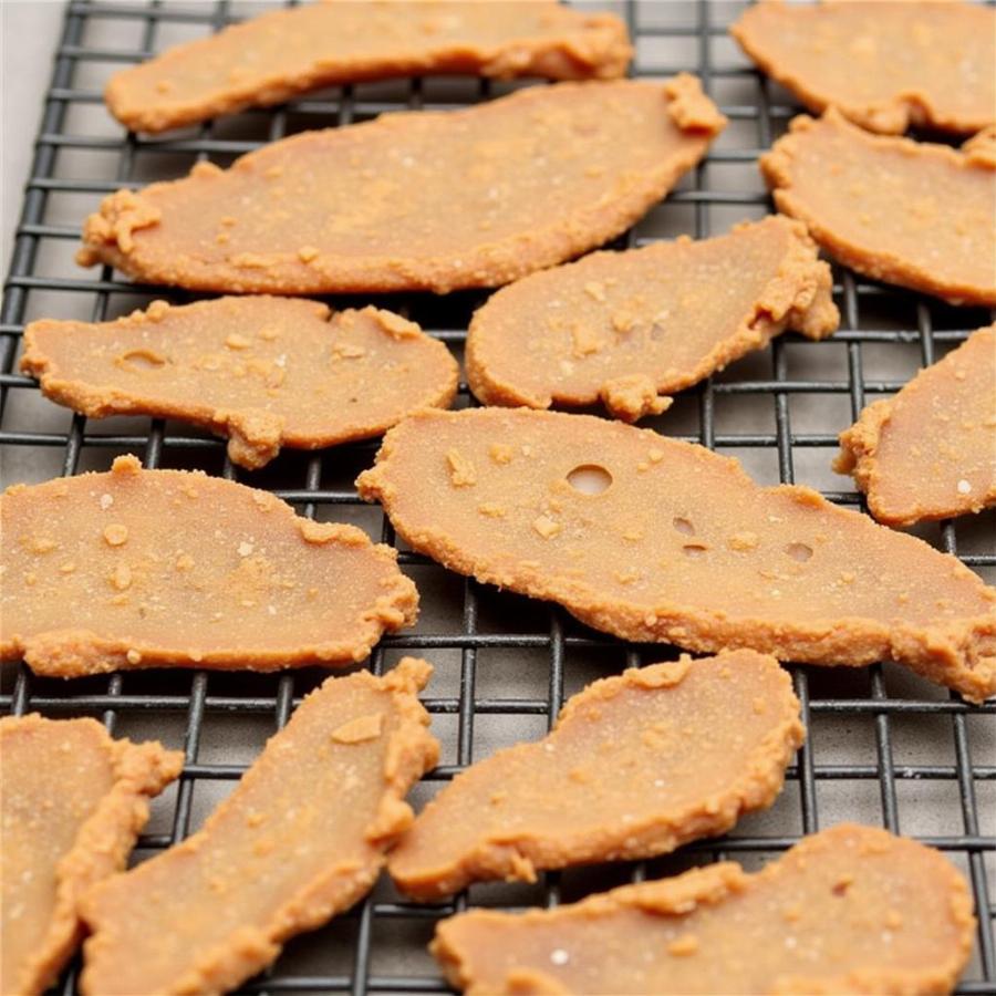 An array of homemade chicken jerky treats laid out on a cooling rack