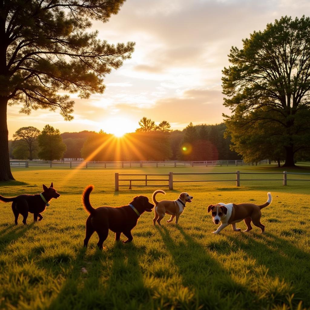 Silhouette of dogs playing at sunset at Hounds Hollow Dog Park