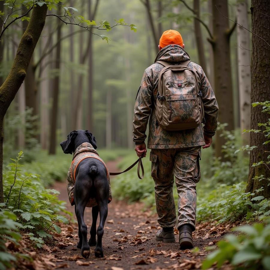 Hunter and Dog with Camo Gear in Forest