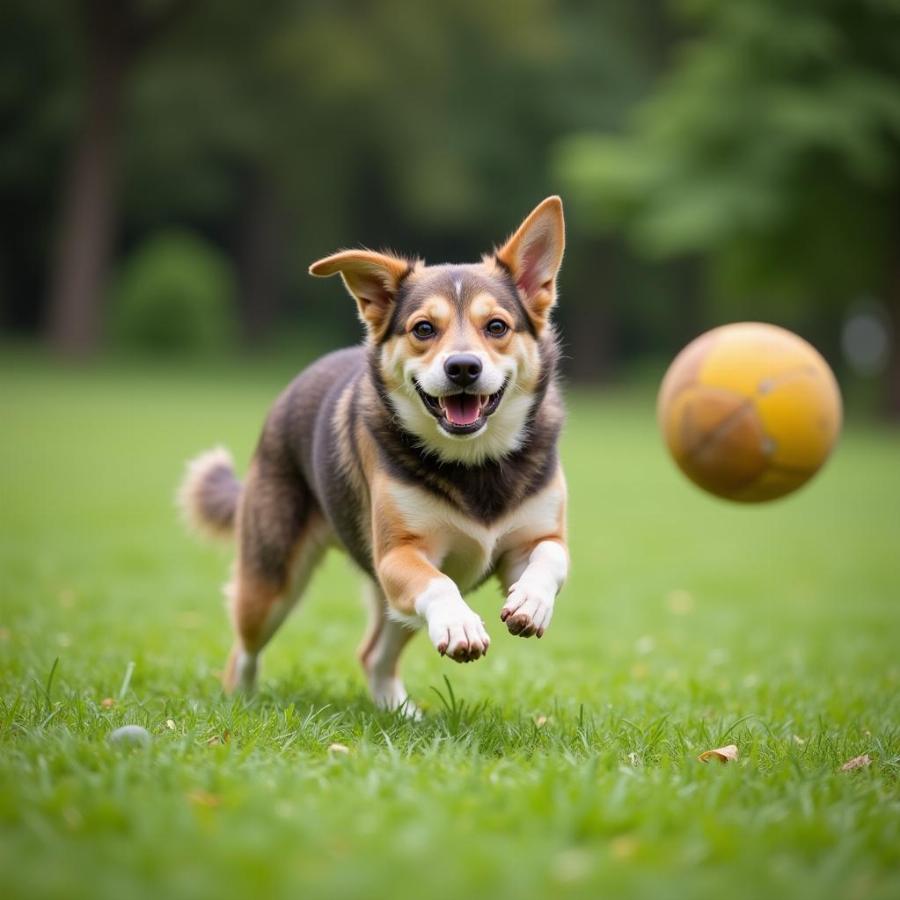 An Indian dog playing fetch in a park