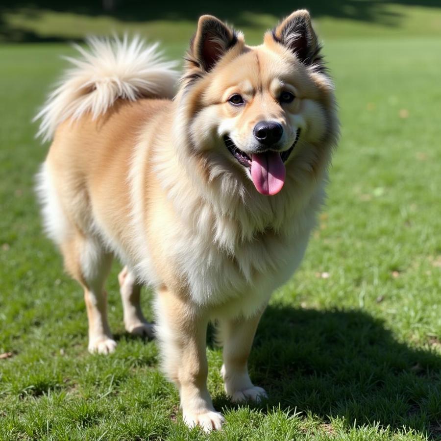 Keeshond dog standing in grass