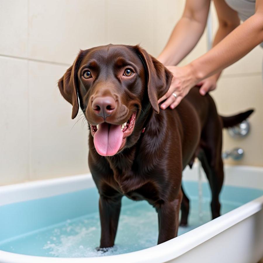 Labrador Retriever getting a bath