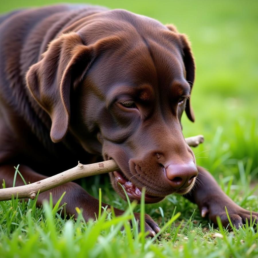 Labrador chewing on a stick in the backyard