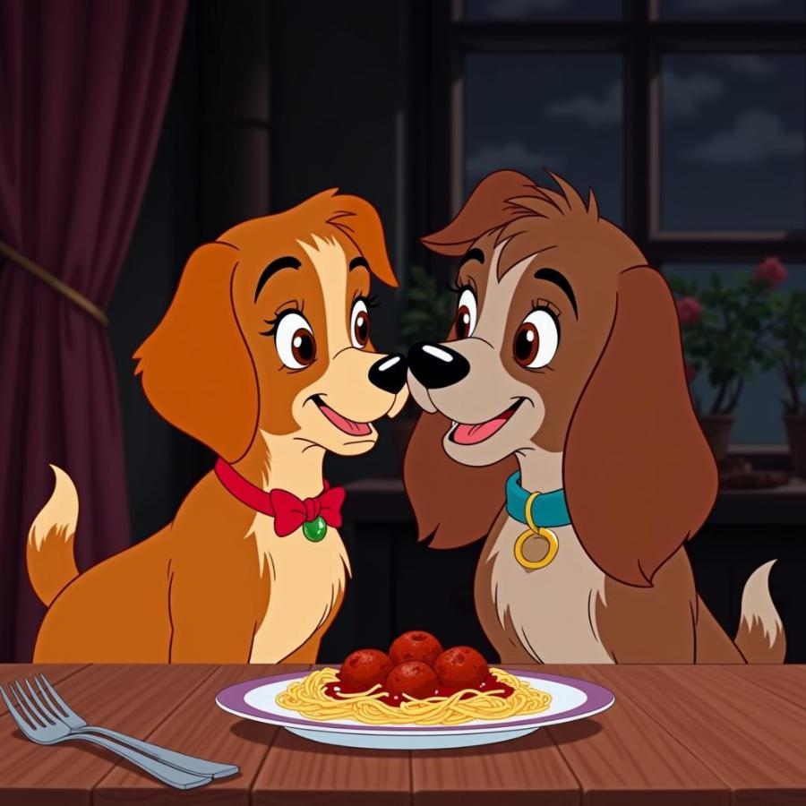 Lady and the Tramp sharing a plate of spaghetti