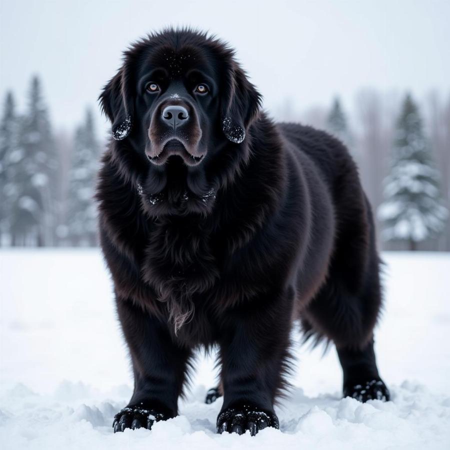 Newfoundland dog standing in the snow