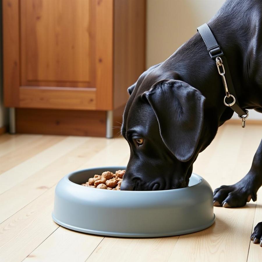 Large Dog Enjoying a Meal from a Raised Bowl