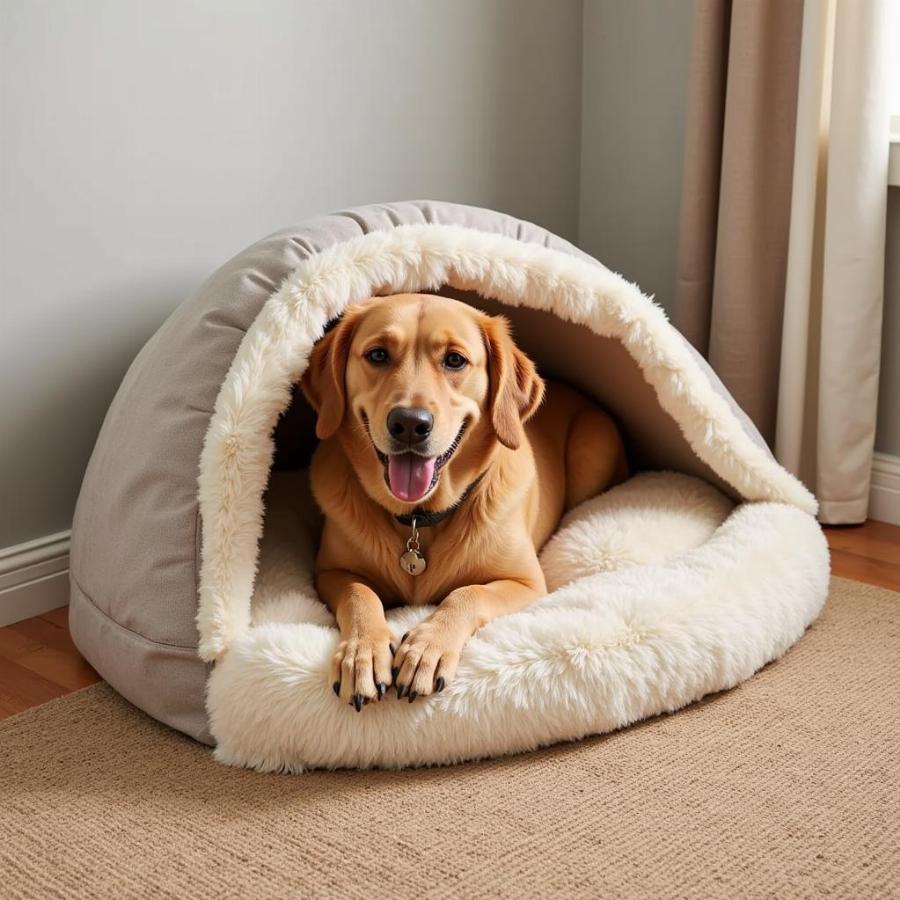 Large Dog Relaxing in a Cave Bed