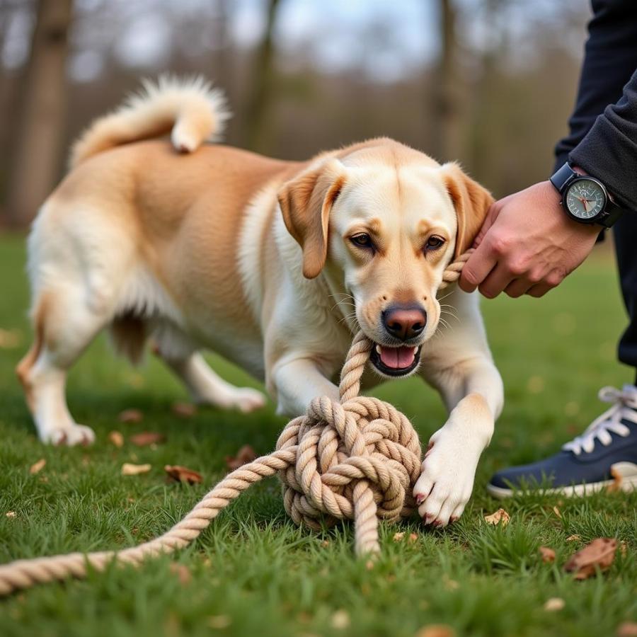 Large Dog Playing Tug-of-War With Rope Ball