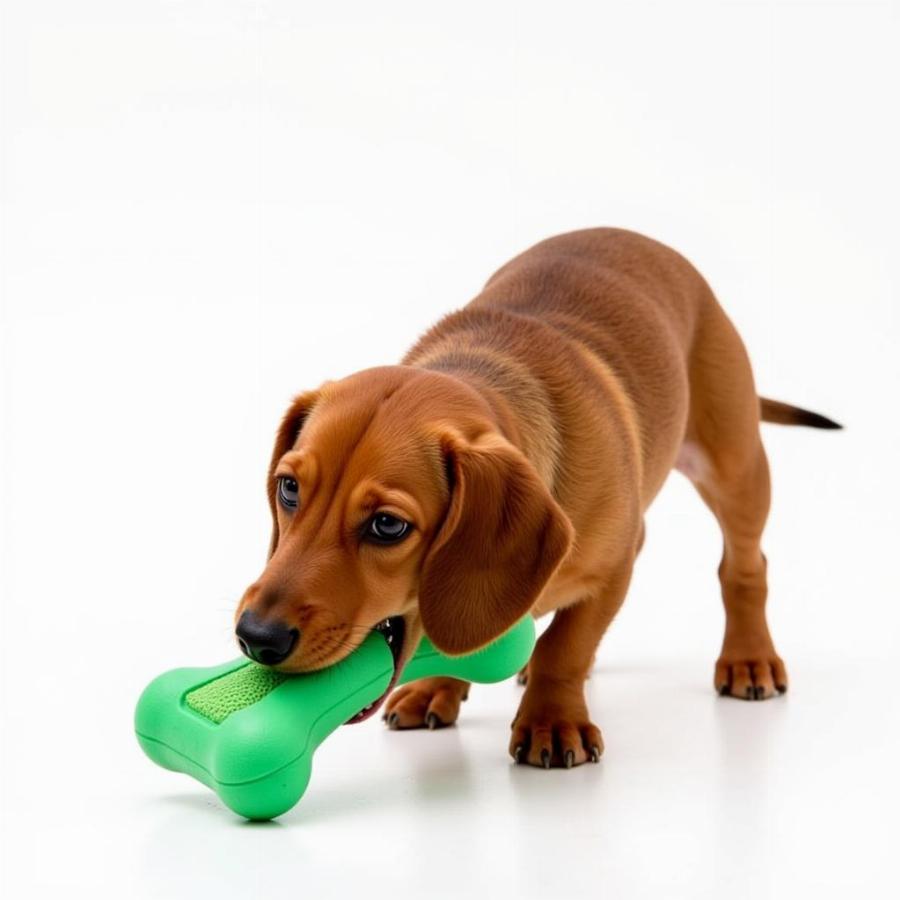 Dachshund chewing on a durable rubber toy