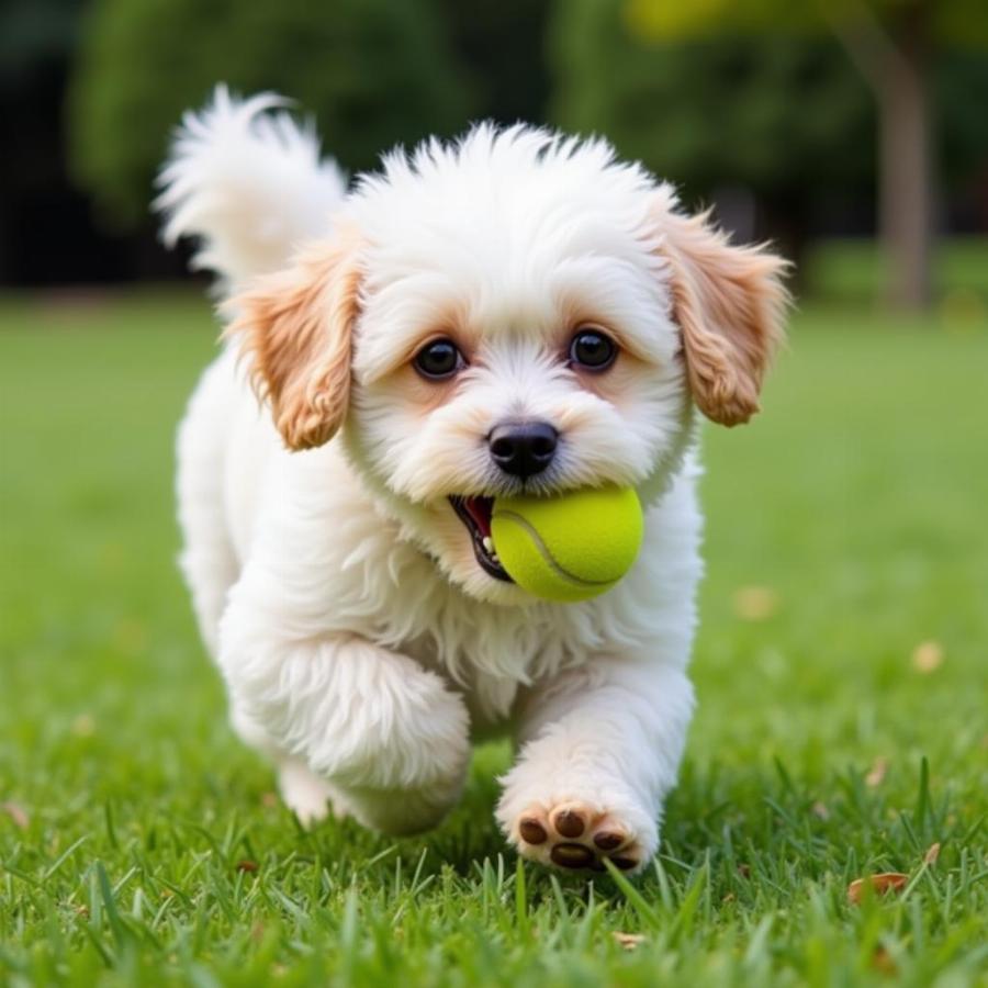 Maltipoo playing fetch in the park