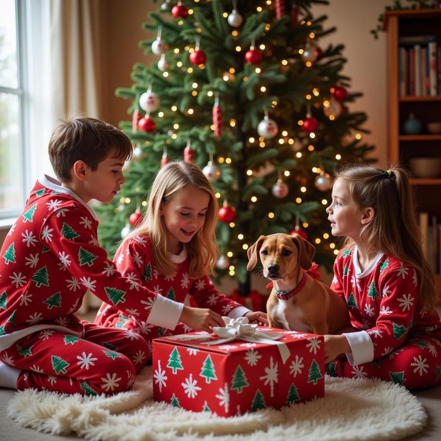 Matching pajamas for dogs and owners on Christmas morning.