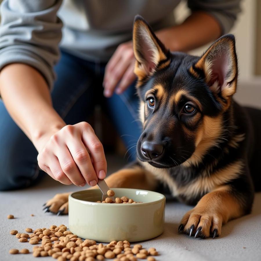 Owner measuring dog food for a German Shepherd puppy