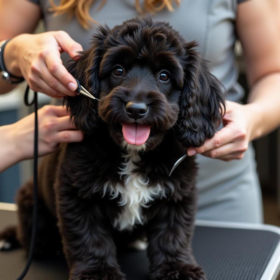 Mini Doodle being groomed by a professional