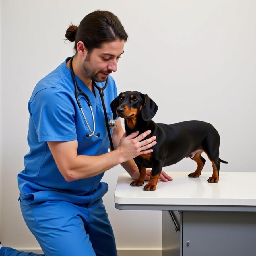 miniature dachshund getting an exam by a veterinarian