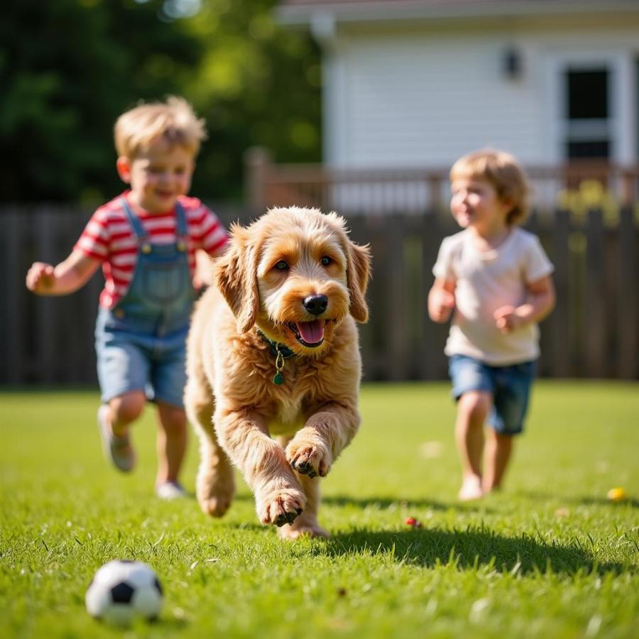 Miniature Goldendoodle playing with children