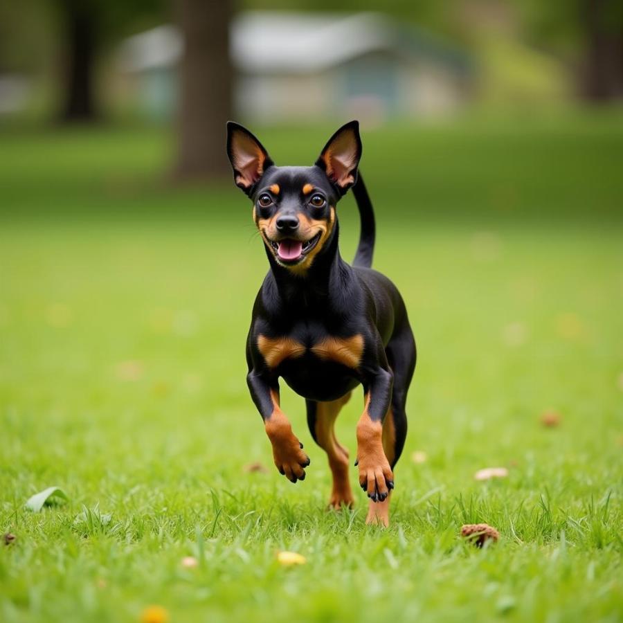 miniature pinscher dog running through park