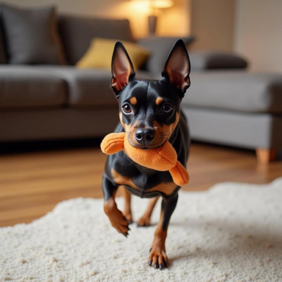 Miniature Pinscher running with toy in its mouth